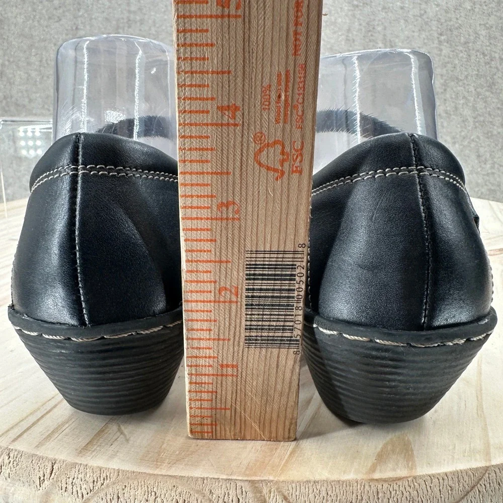 Clarks Wendy Land Sandals Womens 9.5 Black Leather Wedge Laser Cut Mary Jane